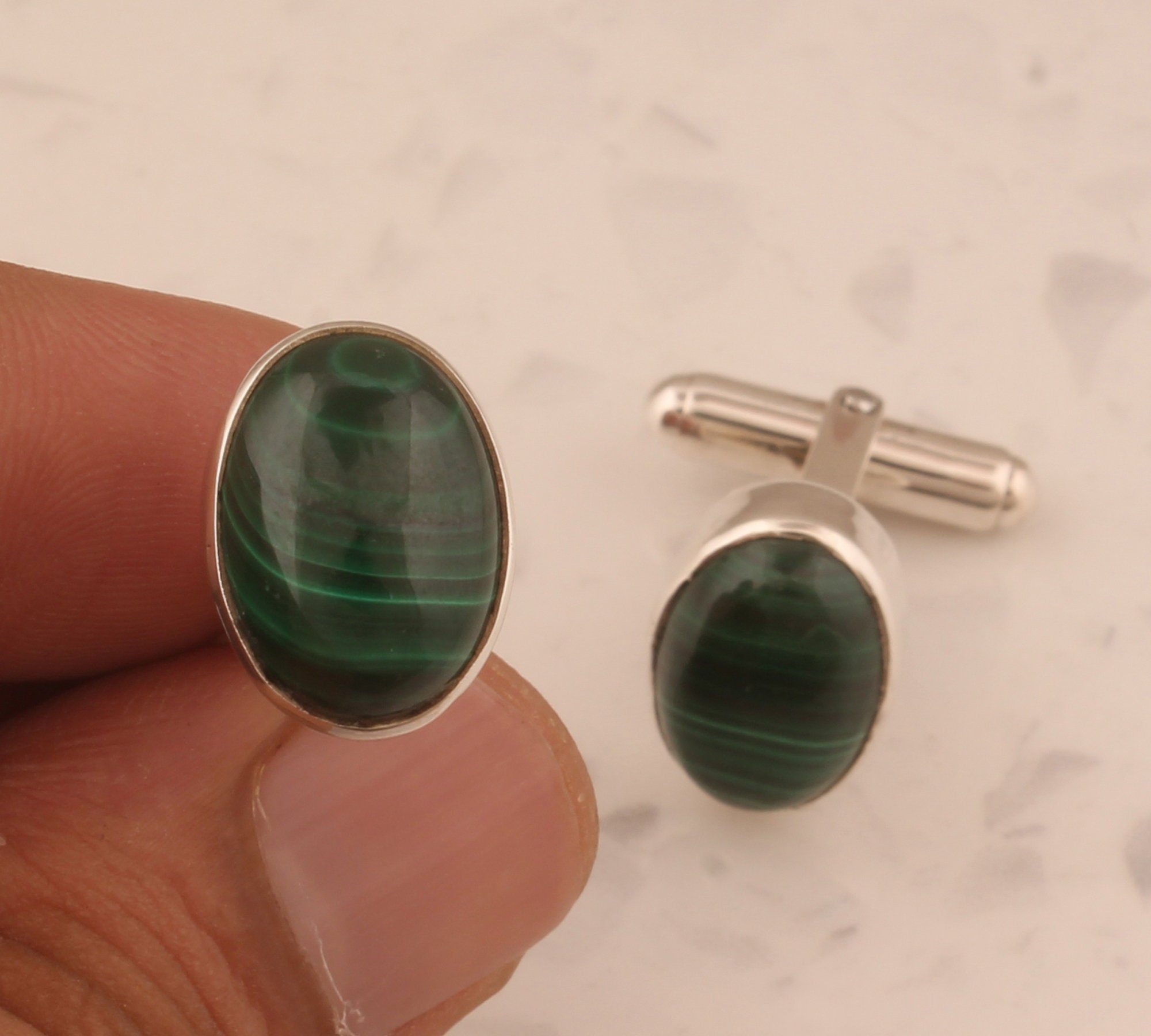 Malachite Cufflinks: Oval Gemstone, Sterling Silver, Boho Style
