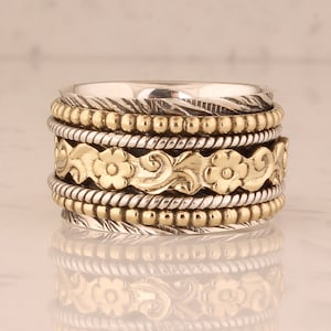Flower Engraved Band Mixed Metal Spinner ring, 2 tone sterling silver spinning ring, meditation ring, 925 sterling silver ring fidget ring