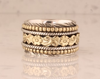 Sterling Silber Spinner Ring mit Blumen Gravur: Zweifarbiger Meditation Fidget Ring