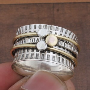 Textured Sterling Silver Spinner Ring: Handmade Two-Tone Anxiety Band