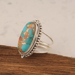 Oyster Copper Turquoise Solid 925 Sterling Silver Ring For Women, Handmade Three Band Oyster Oval Ring For Wedding Anniversary Gift For Her