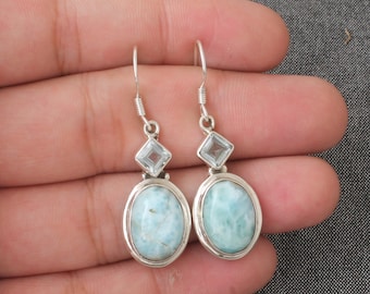 Handmade Sterling Silver Larimar & Blue Topaz Gemstone Earrings