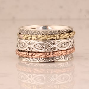 Boho Sterling Silver Spinner Ring: Three Tone Textured Anxiety Ring