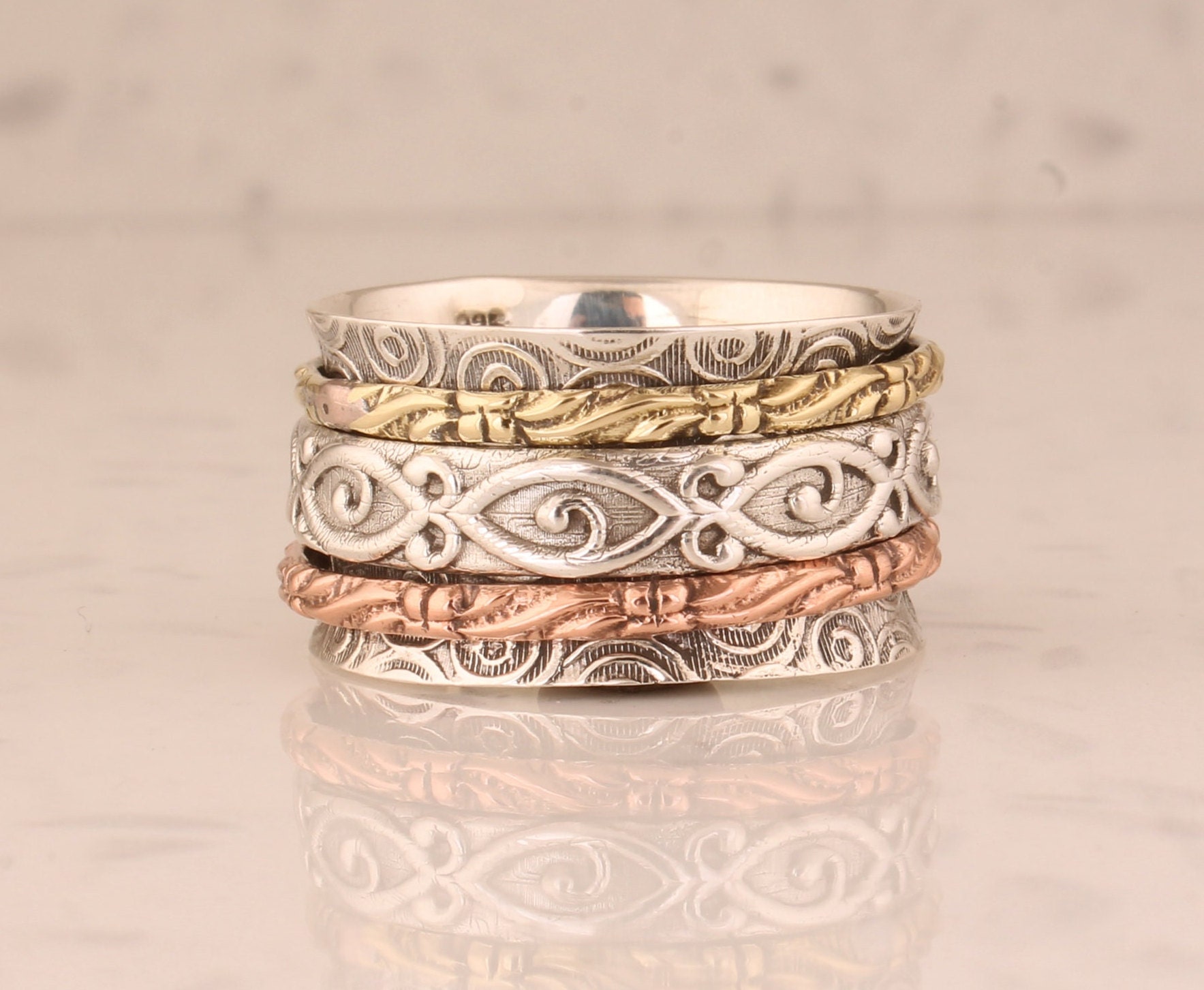 Boho Spinner Ring, Sterling Silver With 925 Purity Anxiety Ring For Women, Handmade Three Tone Textured Band Spinner Ring Gifts Mother's Day