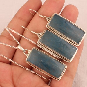 Blue Jade Sterling Silver Jewelry Set: Rectangle Necklace & Earrings