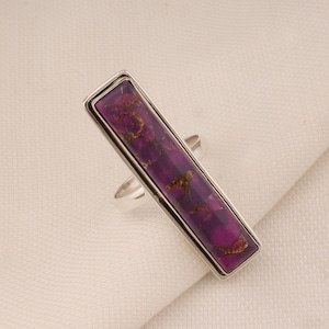 Solid 925 Sterling Silver Purple Copper Turquoise Ring For Men Women, Handmade Long Slim Rectangle Bar Gemstone Ring Gifts For Her Wedding