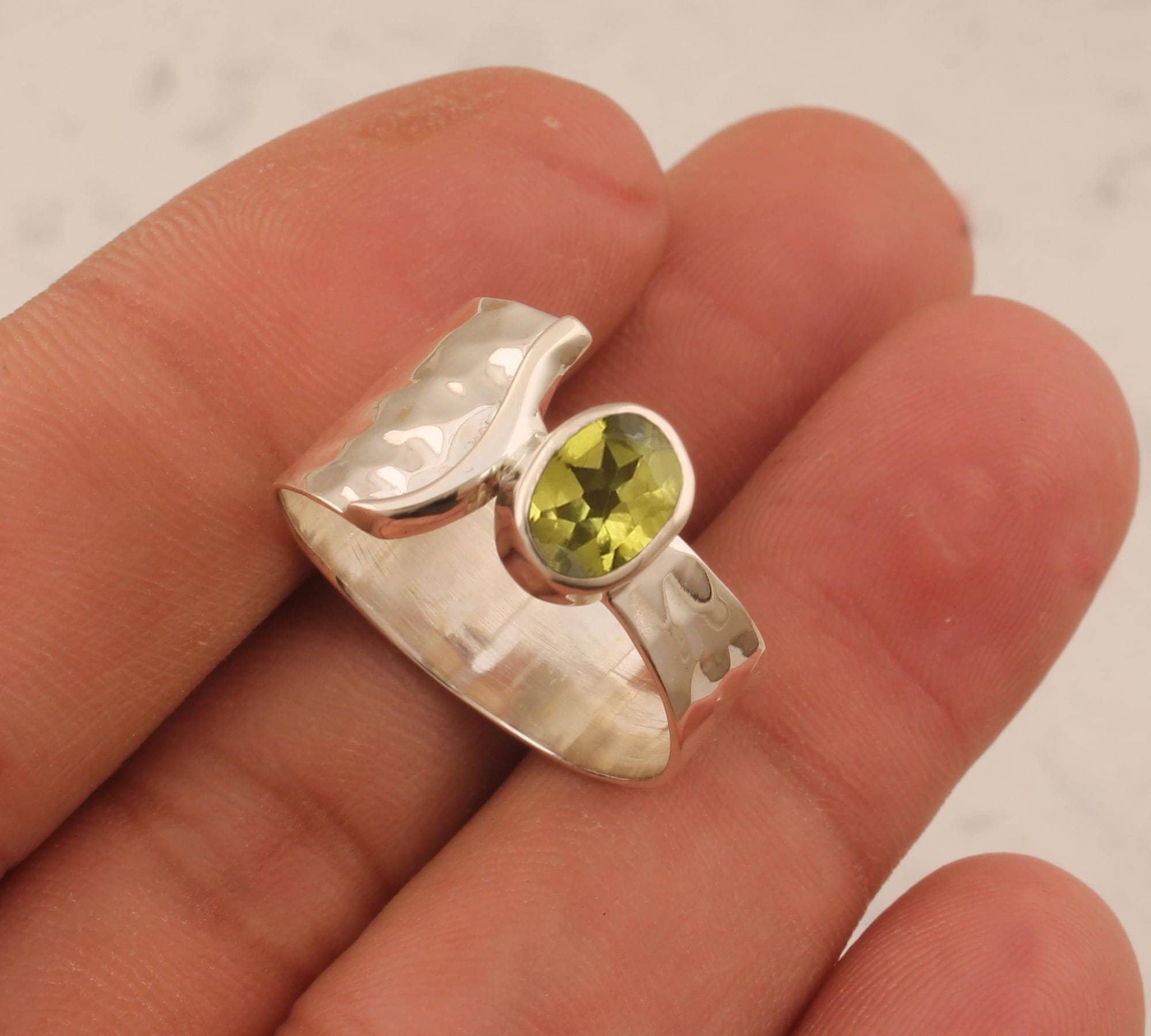 Hammered Peridot Sterling Silver Ring - Handmade Designer Band