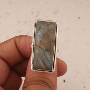 Labradorite Sterling Silver With 925 Stamped Purity Ring For Women, Handmade Long Rectangle Bar Gemstone Ring Gift For Mother&#39;s Day Birthday