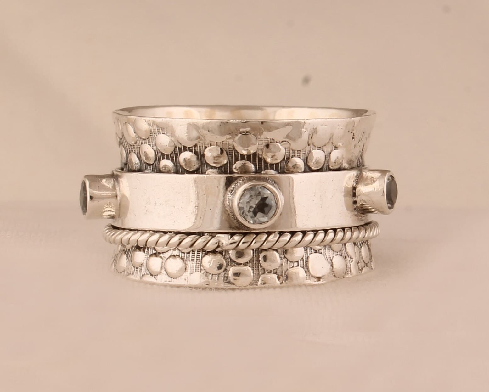 ブルートパーズスターリングシルバースピナーリング：ハンドメイドフィ