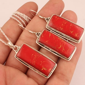 Red Copper Turquoise Solid 925 Sterling Silver Long Rectangle Bar Gemstone Jewelry Set Gifts For Her, Handmade Earrings Necklace For Women