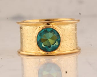 Gold Plated Brass Ring with Green Quartz