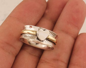 スピナーハートデザインリング 23号 925スターリングシルバーのハートスピナーリング：不安を癒すフィ