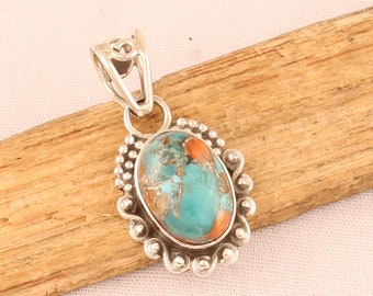 Handmade Sterling Silver Oyster Copper Turquoise Pendant Necklace