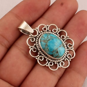 Blue Copper Turquoise Sterling Silver Pendant Necklace: Handmade Boho Jewelry
