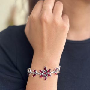 Red Garnet Flower Bracelet - Handmade Sterling Silver Jewelry