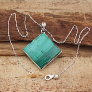 Handmade Square Malachite Pendant Necklace: Sterling Silver