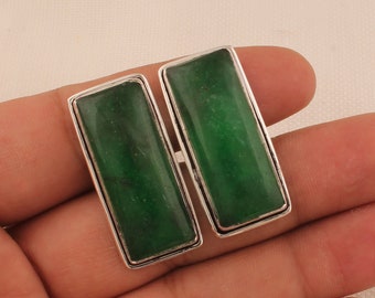 Men&#39;s Emerald Green Jade Solid 925 Sterling Silver Rectangle Bar Long Gemstone Cufflinks For Him, Handmade Boho Cufflinks Anniversary Gifts