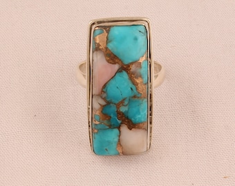 ピンクオパール銅ターコイズリング、925スターリングシルバーリング