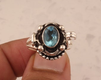 Blue Topaz Poison Ring, 925 Sterling Silver Hidden Box