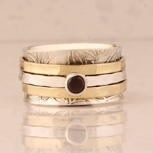 Hand Hammered Sterling Silver Red Garnet Spinner Ring: Anxiety Band
