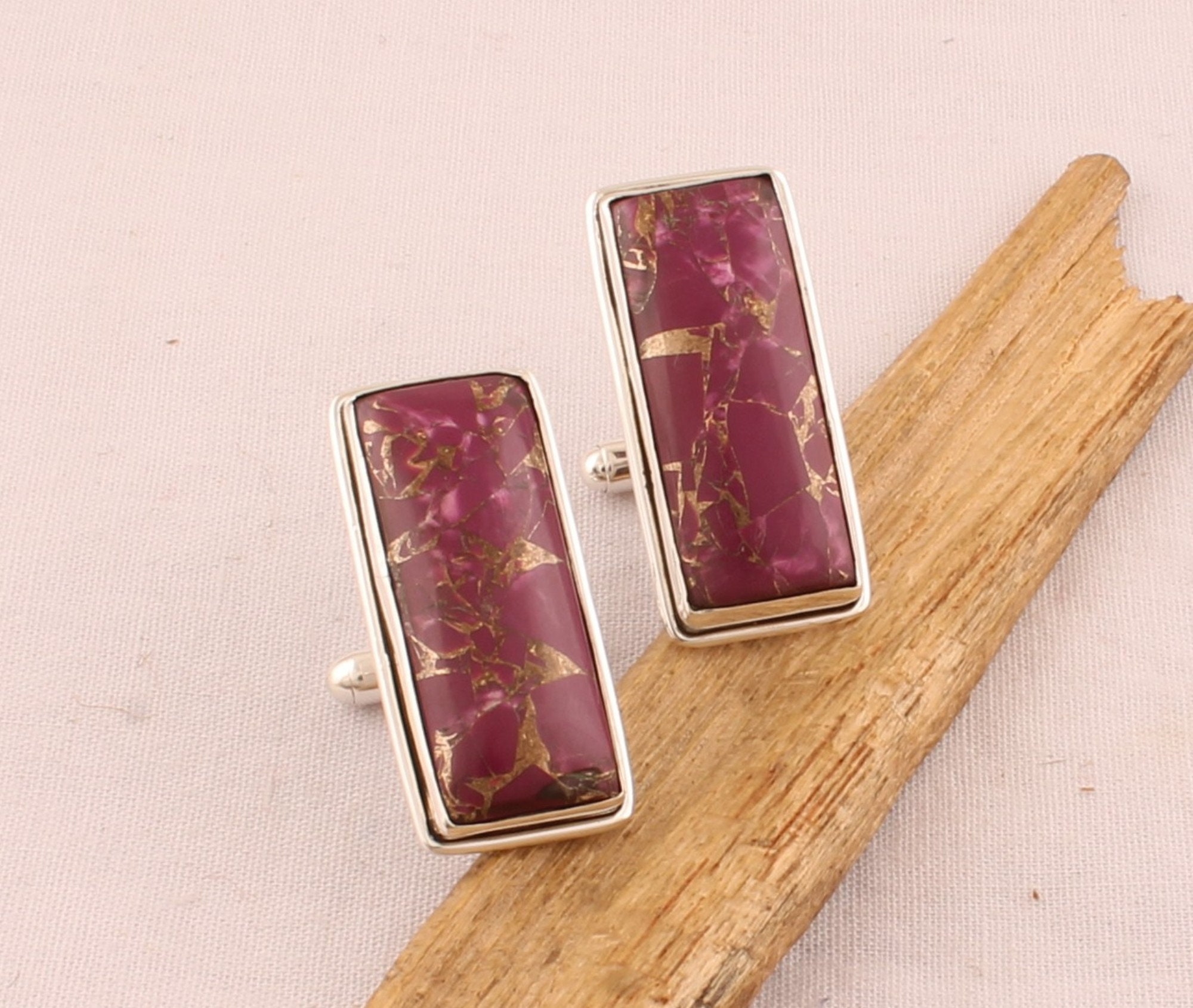 Men's Purple Copper Turquoise Solid 925 Sterling Silver Oval Gemstone Cufflinks For Him, Handmade Boho Cufflink Gift For Wedding Anniversary
