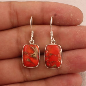 Orange Copper Turquoise Solid 925 Sterling Silver Earrings For Women, Handmade Silver Elongated Cushion Earrings For Gifts, Gemstone Earring
