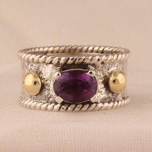 Handmade Sterling Silver Purple Amethyst Ring: Oxidized Textured Band