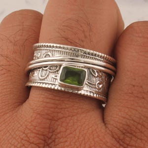 Peridot Gemstone Spinner Ring, Flower Textured Band Solid 925 Sterling Silver Ring, Handmade Bohemian Wedding Ring, Spinner Worry Ring