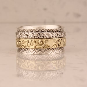 Flower Engraved Band Mixed Metal Spinner ring, 2 tone sterling silver spinning ring, meditation ring, 925 sterling silver ring fidget ring