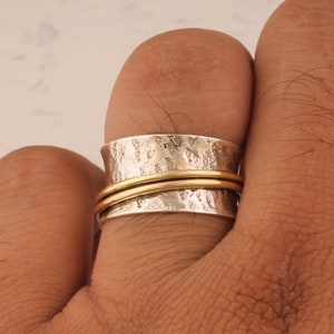 Textured Sterling Silver Spinner Ring: Two-Tone Fidget Anxiety Band