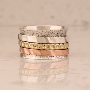 Hand Hammered Engraved Band Mixed Metal Spinner ring, 2 tone sterling silver spinning ring, meditation ring, 925 sterling silver ring ring
