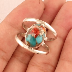 Double Band Oyster Copper Turquoise Ring For Men, Solid 925 Sterling Silver Two Layers Ring For Women, Handmade Oval Gemstone Ring Gift Idea