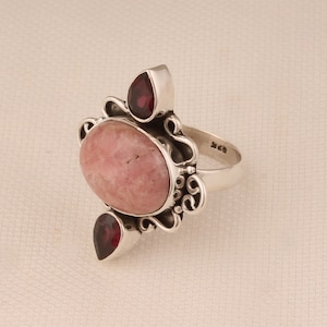 Handmade Thulite & Red Garnet Sterling Silver Ring