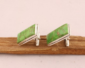 Men&#39;s Green Copper Turquoise Solid 925 Sterling Silver Oval Gemstone Cufflinks For Him, Handmade Boho Cufflink Gift For Wedding Anniversary