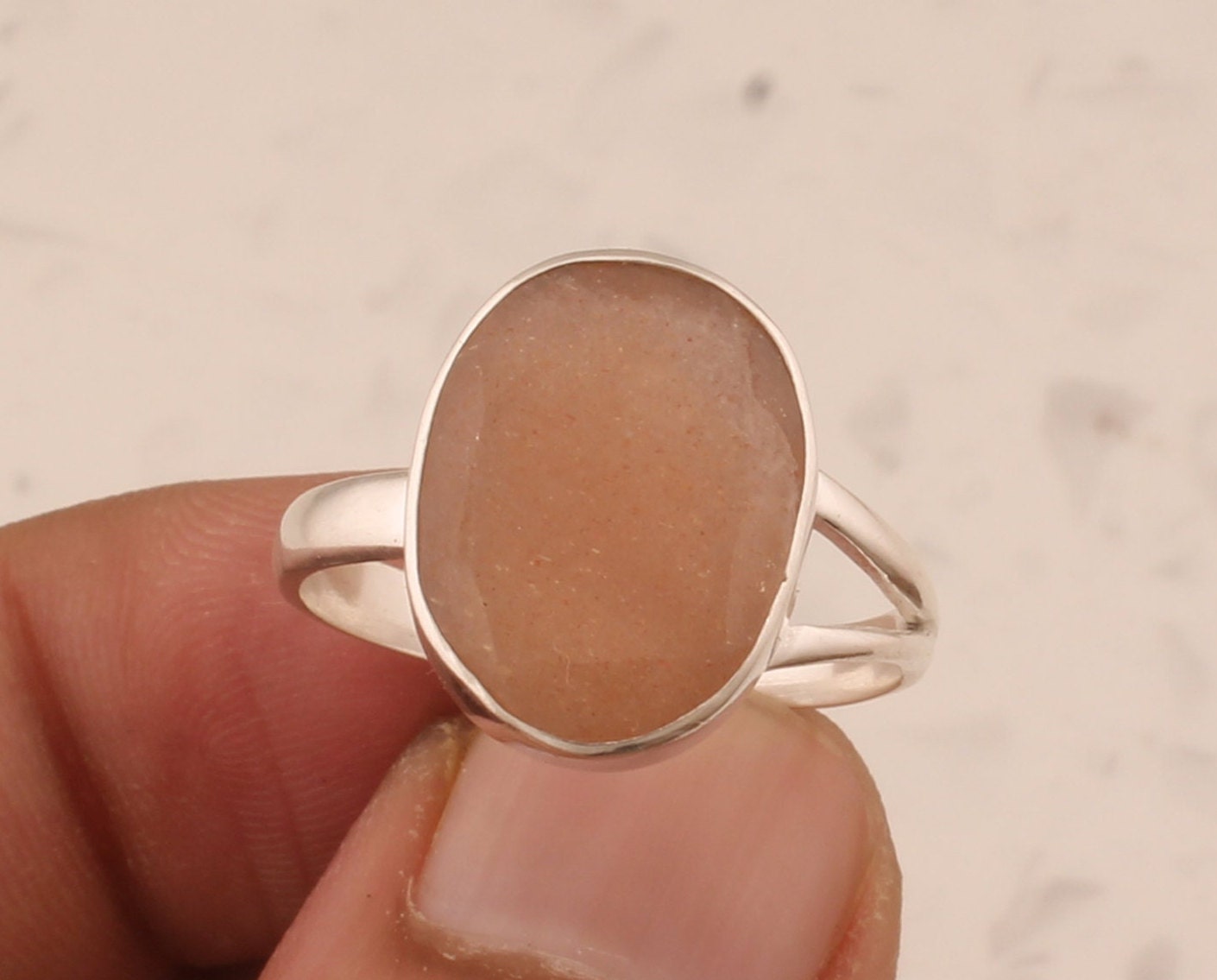 Handmade Peach Moonstone Ring: Oval Sterling Silver Statement Ring