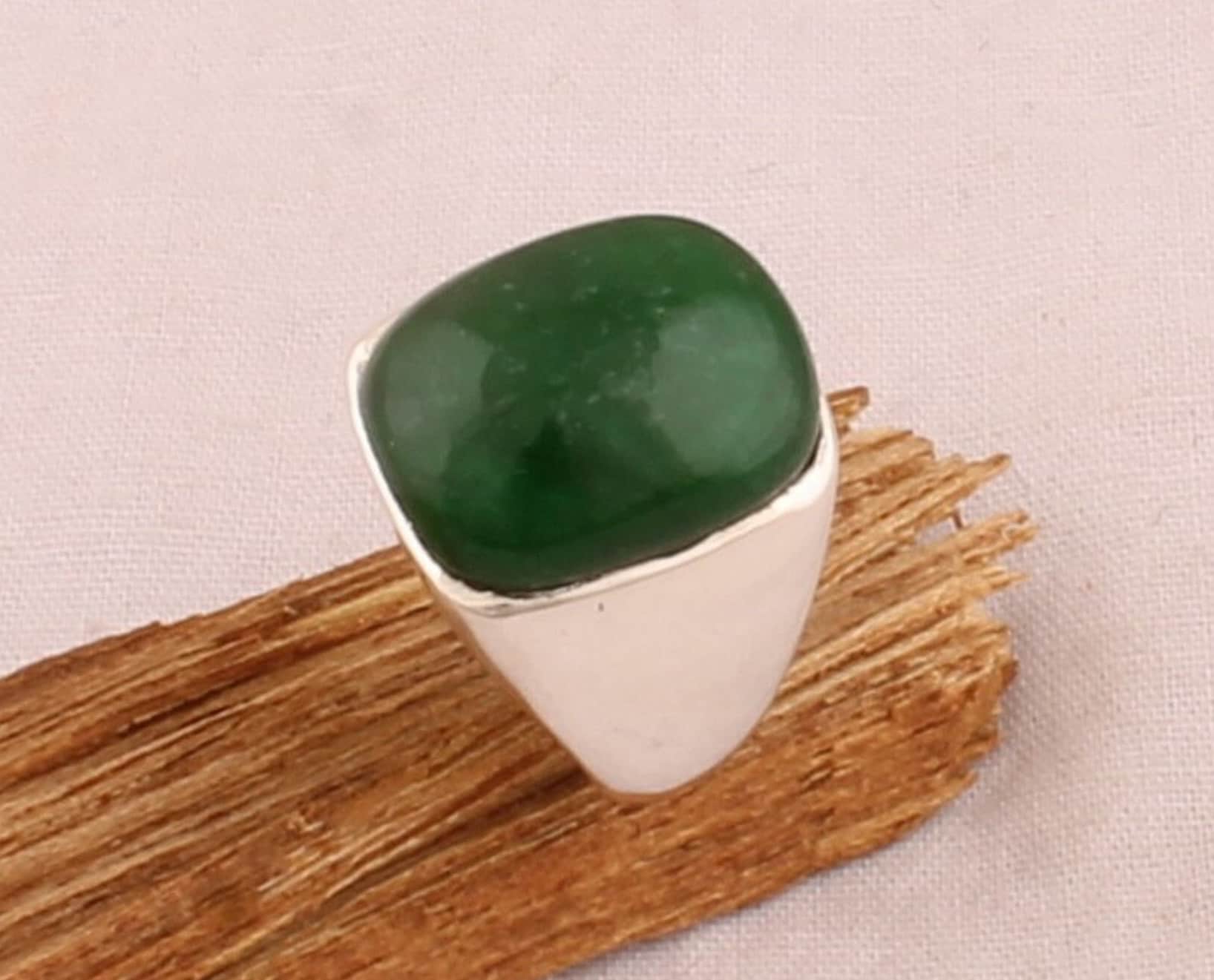 Handmade Sterling Silver Green Jade Ring: Cushion Gemstone