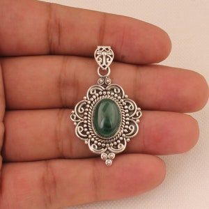 Handmade Sterling Silver Green Stone Pendant: Carved Boho Necklace