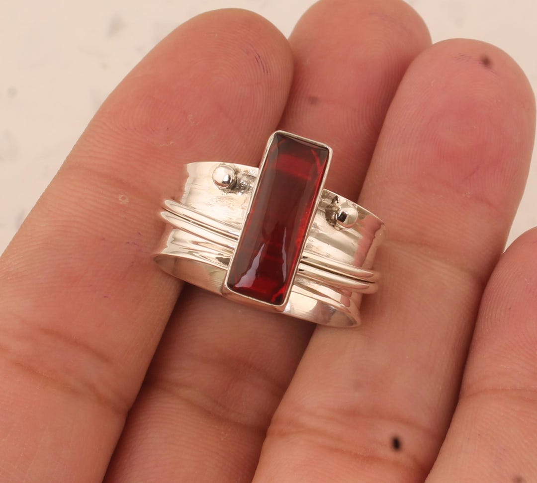 we took our beloved hand hammered band and made it... Red Garnet Quartz Sterling Silver Spinner Ring: Hand Hammered Band - Etsy