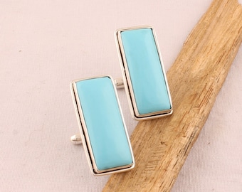Handgemaakte turquoise manchetknopen, 925 sterlingzilver, rechthoekige staaf