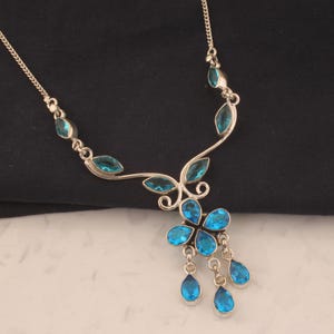 Blue Topaz Sterling Silver Necklace - Floral Gemstone Pendant
