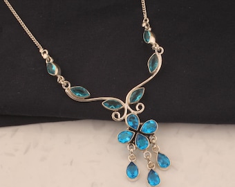 Blue Topaz Sterling Silver Necklace - Floral Gemstone Pendant