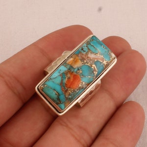Solid 925 Sterling Silver Oyster Copper Turquoise Ring For Men Women, Handmade Long Rectangle Bar Gemstone Ring, Hammered Textured Wide Ring
