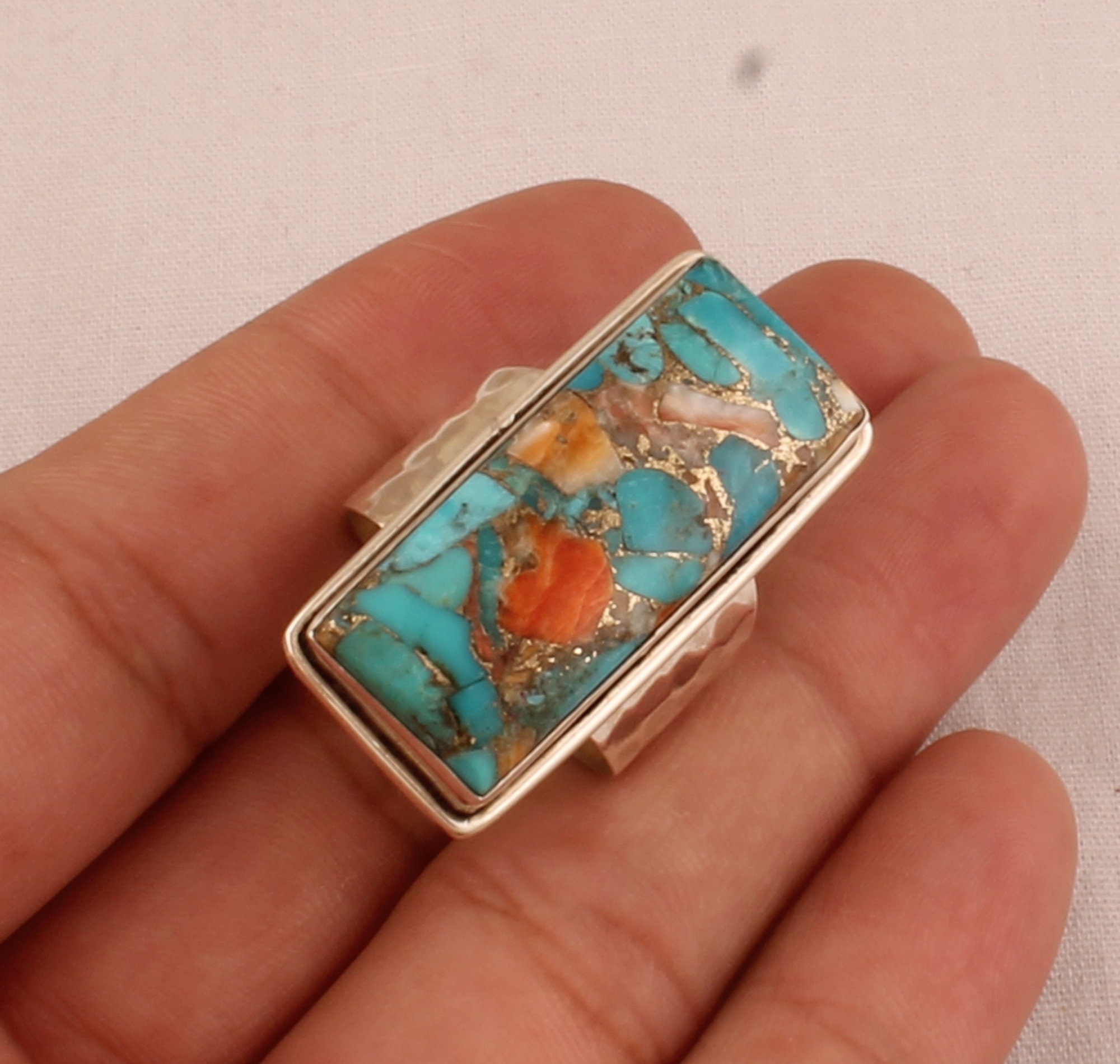Solid 925 Sterling Silver Oyster Copper Turquoise Ring For Men Women, Handmade Long Rectangle Bar Gemstone Ring, Hammered Textured Wide Ring