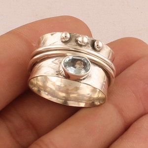 Blue Topaz Natural Gemstone Solid 925 Sterling Silver Anxiety Ring For Men Women, Handmade Oval Birthstone Spinner Ring Mother&#39;s Day Gifts