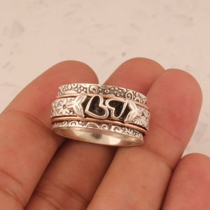 Zwei kleine Herzen Sterling Silber mit 925 gestempelt Reinheit Angst Ring für Männer Frauen, handgemachte Silber Herz Spinner Ring Geschenk für Muttertag