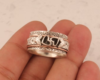 Twee kleine hartjes sterlingzilver met 925 gestempelde zuiverheidsangstring voor mannen vrouwen, handgemaakte zilveren hartspinnerring cadeau voor Moederdag
