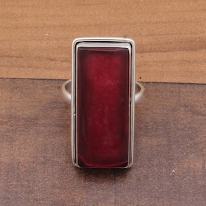 Handmade Ruby Red Jade Sterling Silver Ring: Long Rectangle Gemstone