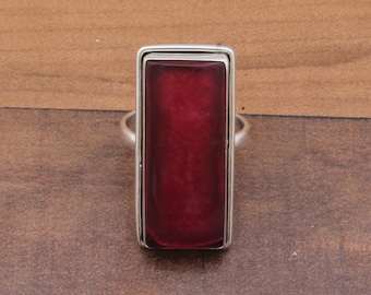 Handmade Ruby Red Jade Sterling Silver Ring: Long Rectangle Gemstone