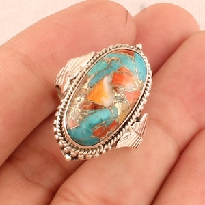Solid 925 Sterling Silver Oyster Copper Turquoise Ring For Men Women, Handmade Oval Gemstone Ring, Eangraved Fancy Silver Leaves Ring Gifts