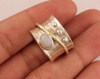 Rainbow Moonstone Sterling Silver Spinner Ring: Two Tone Fidget Band
